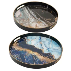 Blue and Gray Round Abstract Trays, Set of 2 Decorative Trays