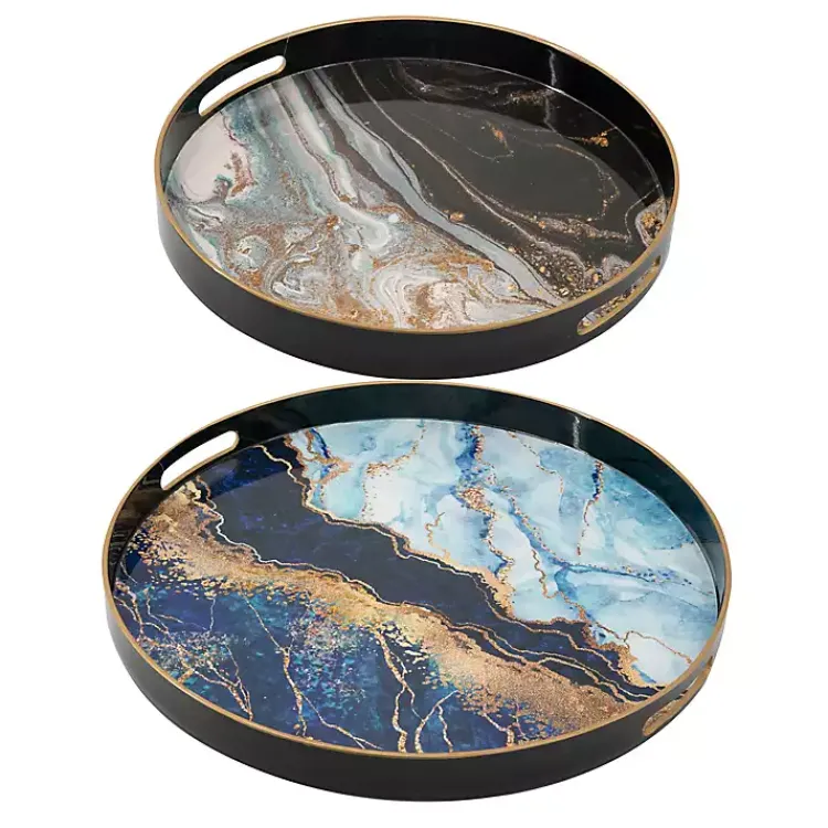 Blue and Gray Round Abstract Trays, Set of 2 Decorative Trays