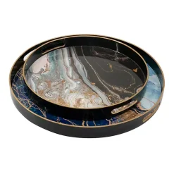 Blue and Gray Round Abstract Trays, Set of 2 Decorative Trays
