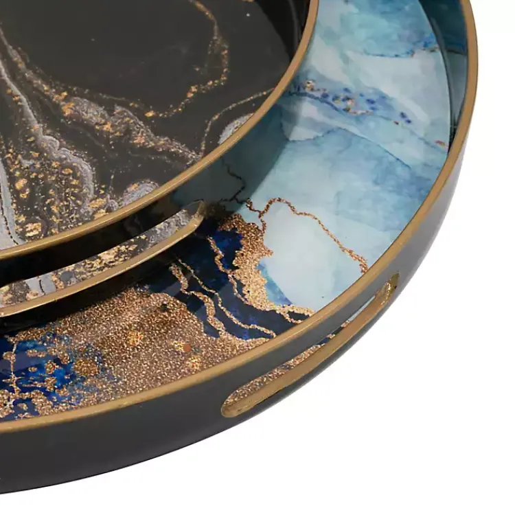 Blue and Gray Round Abstract Trays, Set of 2 Decorative Trays