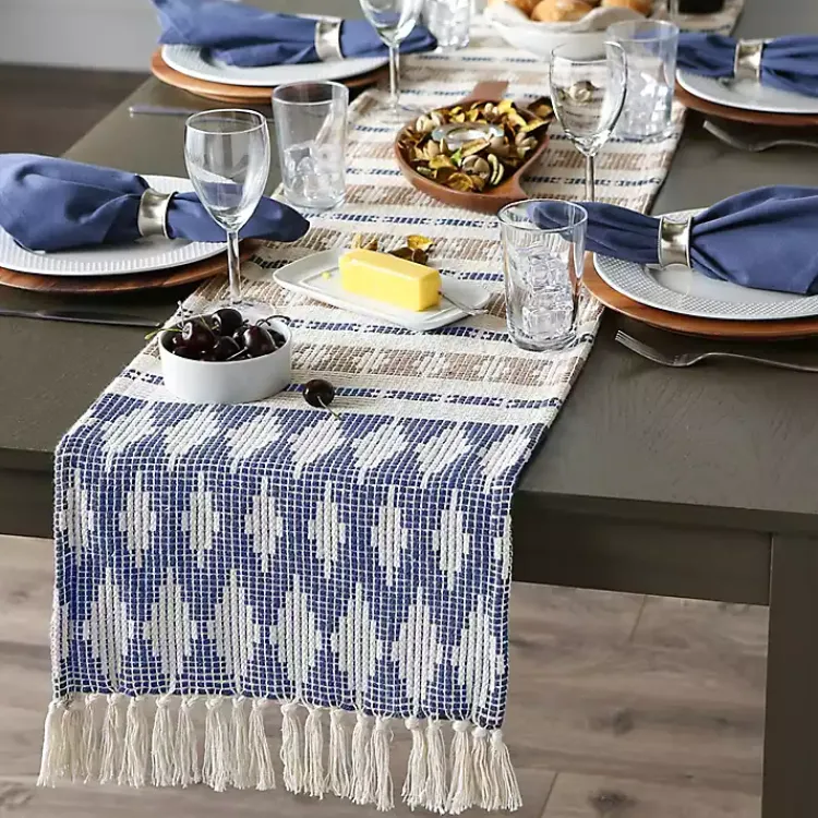 Kirklands Home Table Linens|Blue and Stone Diamond Table Runner, 108 in.