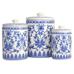 Kirklands Home Kitchen Storage|Blue and White Classic Ceramic Canisters, Set of 3