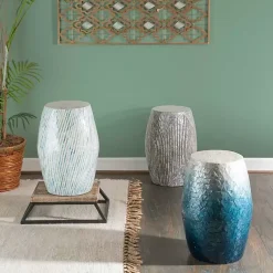 Kirklands Home Accent & End Tables|Blue and White Mosaic Capiz Shell Drum End Table