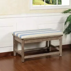 Kirklands Home Benches & Ottomans|Blue and White Striped Upholstered Wood Bench