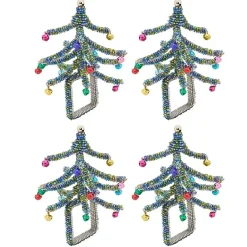 Kirklands Home Table Linens|Blue Beaded Christmas Tree Napkin Rings, Set of 4