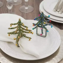 Kirklands Home Table Linens|Blue Beaded Christmas Tree Napkin Rings, Set of 4