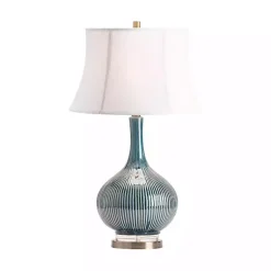 Kirklands Home Table Lamps|Blue Ceramic Stripe Base Table Lamp White
