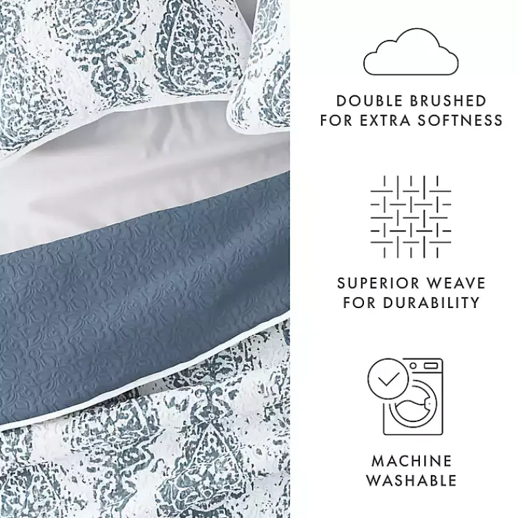Kirklands Home Quilts|Blue Damask Reversible 3-pc. Queen Quilt Set