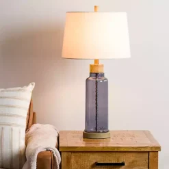 Kirklands Home Table Lamps|Blue Glass with Wood Trim Table Lamp Ivory