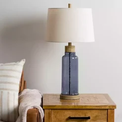 Kirklands Home Table Lamps|Blue Glass with Wood Trim Table Lamp Ivory