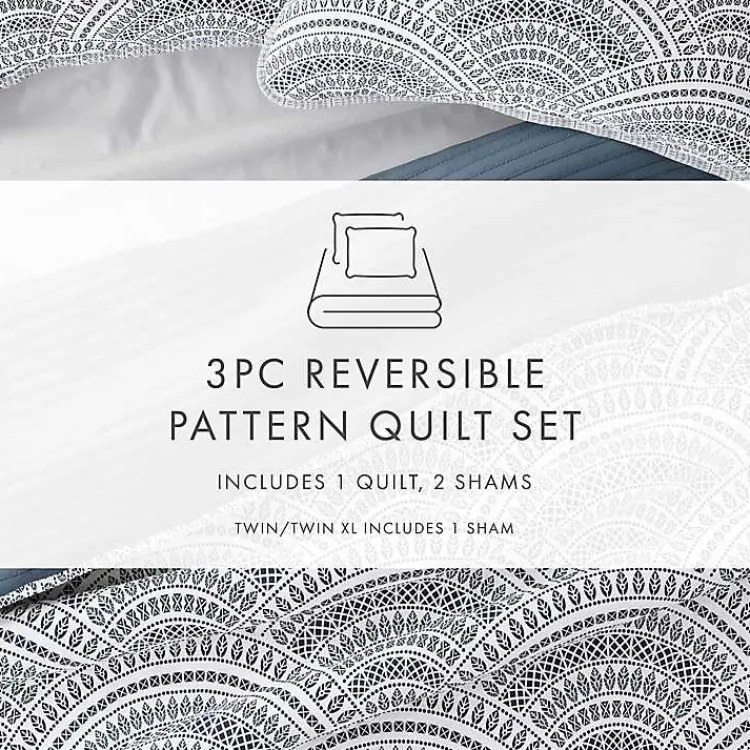 Kirklands Home Quilts|Blue Scalloped Reversible 3-pc. Queen Quilt Set