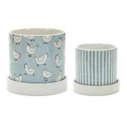 Kirklands Home Planters|Blue Striped and Chicken Decorative Pots, Set of 2