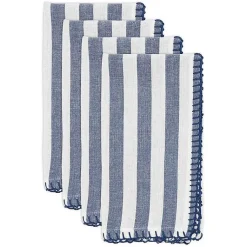 Kirklands Home Table Linens|Blue Striped Whipstich Napkins, Set of 4