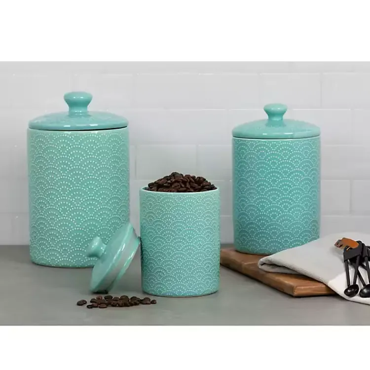Kirklands Home Kitchen Storage|Tide Ceramic Embossed Canisters, Set of 3 Blue