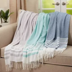Discount White Stripe Throw Blanket with Fringe Blankets & Throws