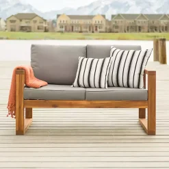 Kirklands Home Outdoor Seating|Brown Acacia Outdoor Loveseat with Cushions Gray