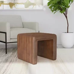 Kirklands Home Benches & Ottomans|Faux Leather Channeled Upholstered Ottoman Brown