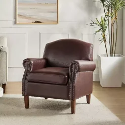 Kirklands Home Accent Chairs|Faux Leather Nailhead Taylor Armchair Brown
