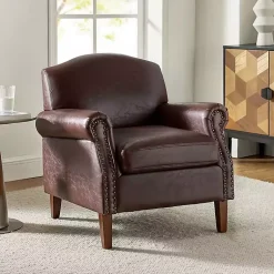Kirklands Home Accent Chairs|Faux Leather Nailhead Taylor Armchair Brown