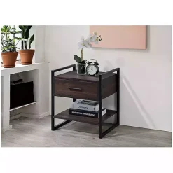 Kirklands Home Nightstands|Wood & Black Metal Frame Nightstand Brown