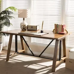 Kirklands Home Office Furniture|Brown Wood and Metal Linear Base Desk