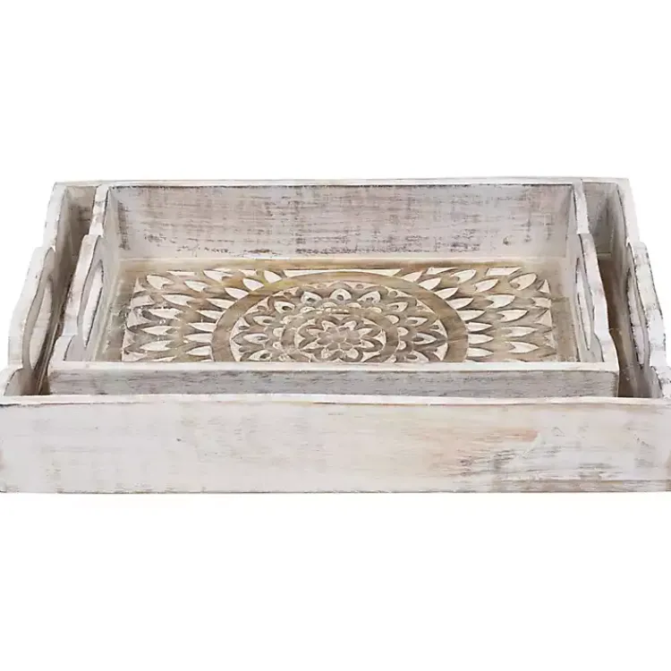 Clearance Brushed Mandala Carved Trays, Set of 2 Decorative Trays