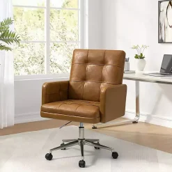 Kirklands Home Office Furniture|Camel Tufted Faux Leather Swivel Office Chair Tan