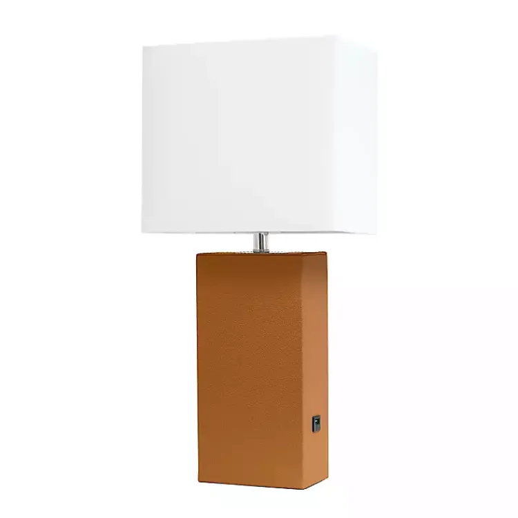 Kirklands Home Table Lamps|Caramel Faux Leather Charging Table Lamp Tan