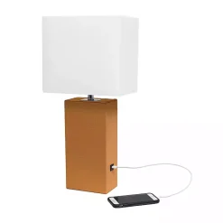 Kirklands Home Table Lamps|Caramel Faux Leather Charging Table Lamp Tan