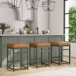 Kirklands Home Bar Stools & Counter Height Stools|Caramel Faux Leather Upholstered Counter Stool Tan