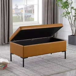 Kirklands Home Benches & Ottomans|Caramel Vegan Leather Storage Bench Brown