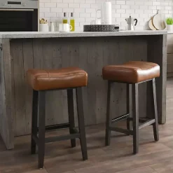 Kirklands Home Bar Stools & Counter Height Stools|Caramel Wood and Faux Leather Backless Stool Brown