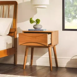 Kirklands Home Nightstands|Caramel Wood Mid-Century Modern Nightsd Tan