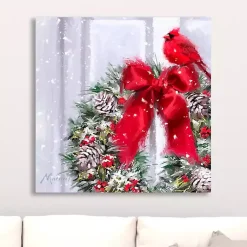 Best Cardinal on a Wreath Canvas Art Print Christmas Art & Wall Decor