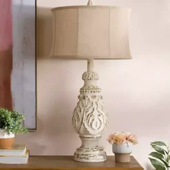 Kirklands Home Table Lamps|Caroline Distressed Cream Table Lamp Tan