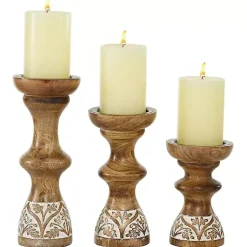 Best Carved Mango Wood Pillar Candle Holders, Set of 3 Candle Holders