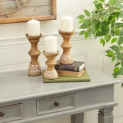 Best Carved Mango Wood Pillar Candle Holders, Set of 3 Candle Holders