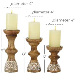 Best Carved Mango Wood Pillar Candle Holders, Set of 3 Candle Holders
