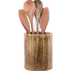 Kirklands Home Kitchen Storage|Carved Mango Wood Utensil Crock Brown
