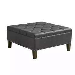 Kirklands Home Benches & Ottomans|Charocal Button Tufted Leather Ottoman Gray