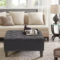 Kirklands Home Benches & Ottomans|Charocal Button Tufted Leather Ottoman Gray