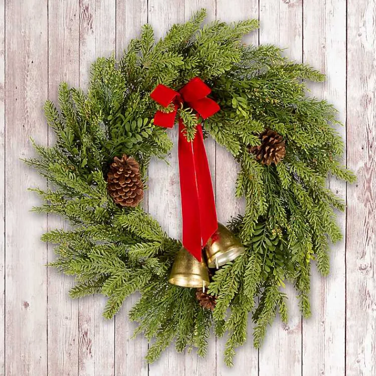 Hot Christmas Bells Pine Wreath with a Red Bow Christmas Wreaths
