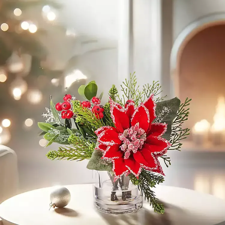 Outlet Christmas Poinsettia & Pine Faux Water Arrangement Christmas Arrangements & Garland