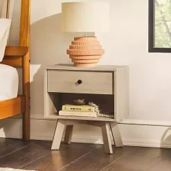 Kirklands Home Nightstands|Coastal Oak Wood Mid-century Modern Nightsd Tan
