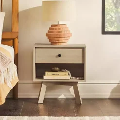 Kirklands Home Nightstands|Coastal Oak Wood Mid-century Modern Nightsd Tan