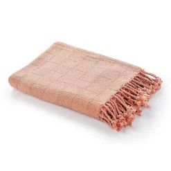 Sale Coral Checkered Weave Fringe Throw Blankets & Throws