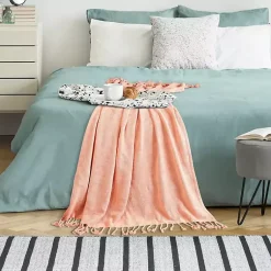 Sale Coral Checkered Weave Fringe Throw Blankets & Throws