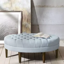 Kirklands Home Benches & Ottomans|Cory Tufted Dusty Linen Ottoman Blue