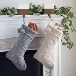 Cream and Gray Cable Knit Stockings, Set of 2 Christmas Stockings & Stocking Holders