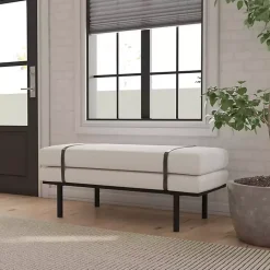 Kirklands Home Benches & Ottomans|Cream Boucle Black Faux Leather Bench White